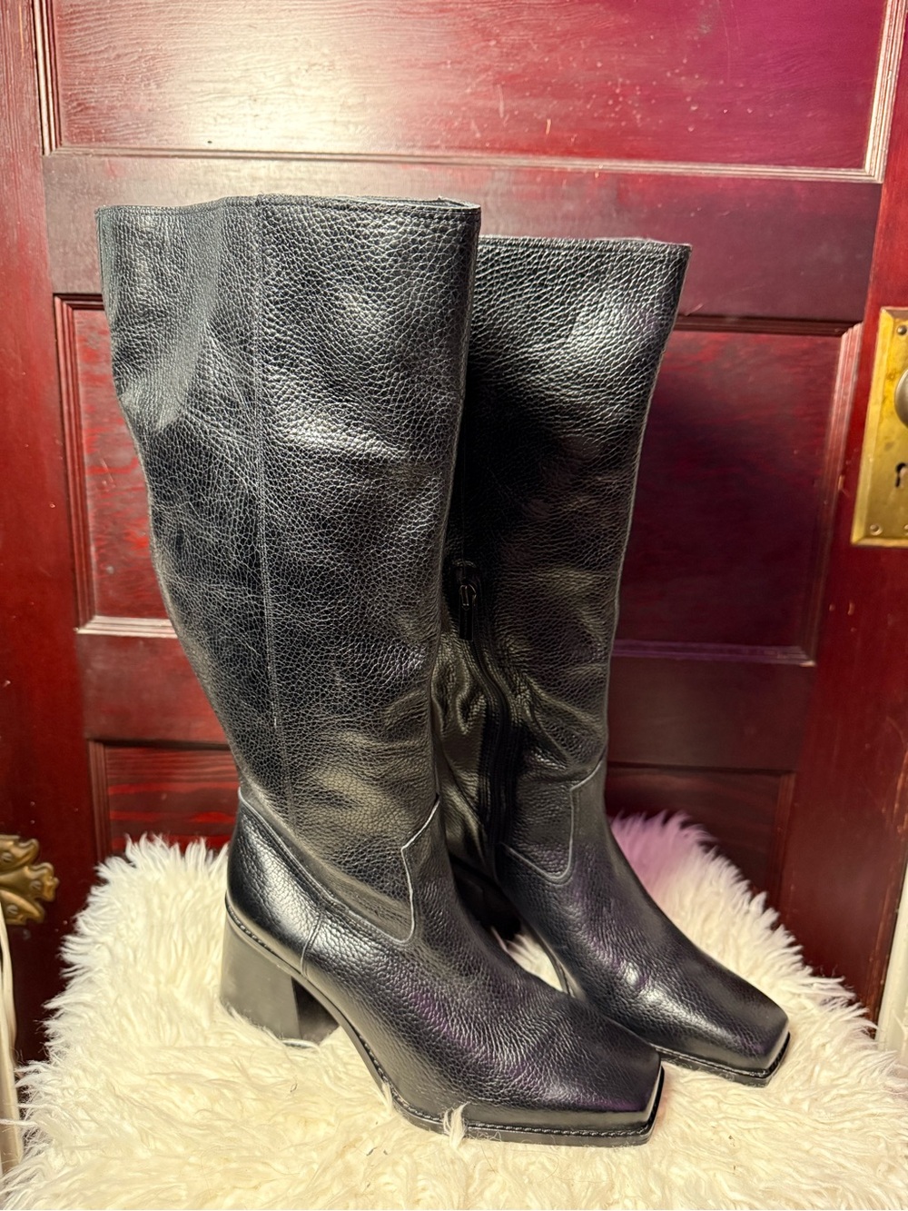 Vince Camuto Black Textured Leather Square-Toe Mid-Calf Boots